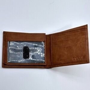 Levis Mens Tan Bifold Wallet Faux Leather ID Window Logo 31LV240013